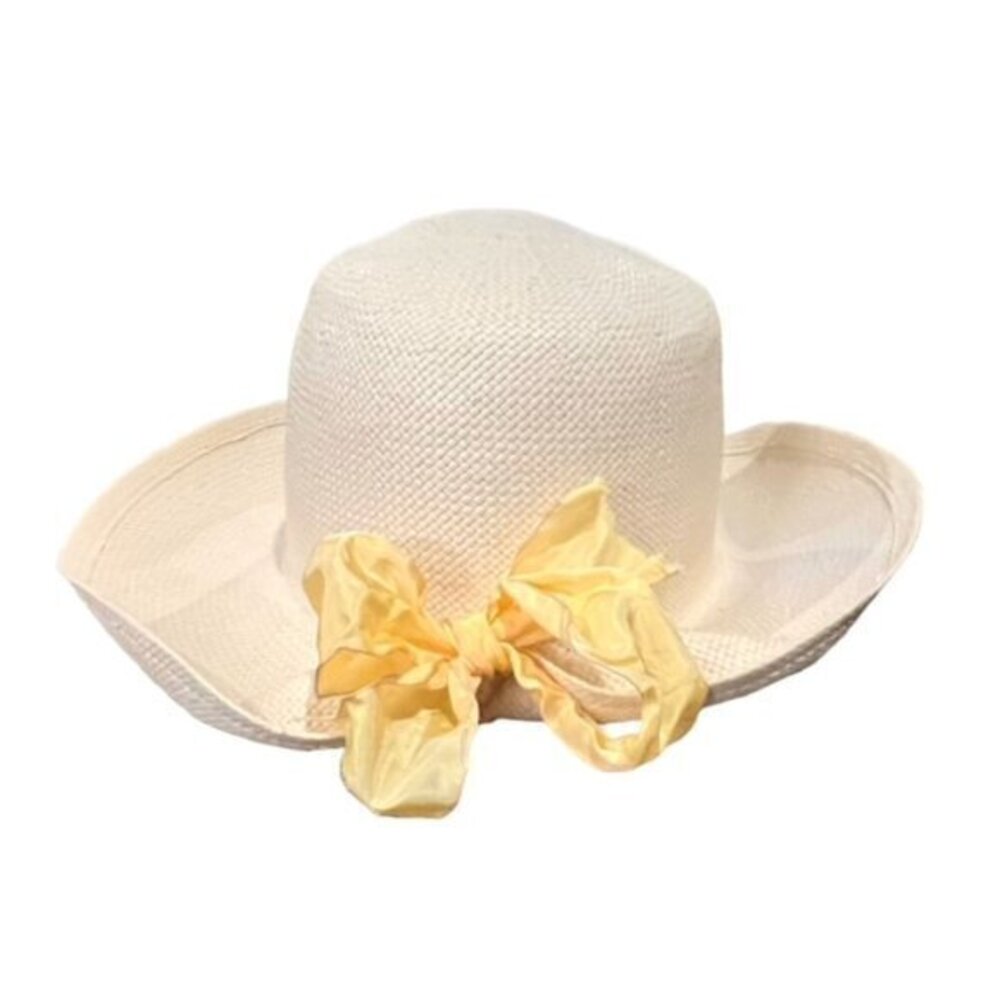 Banana Republic Wide Brim‎ Garden Hat Yellow Bow Travel Preppy Coastal Boho EUC